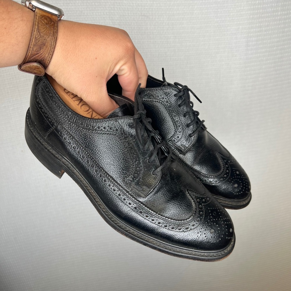 Hanover Mens Black Pebbled Leather Wingtip Blucher Dress Shoes 8 C/E USA